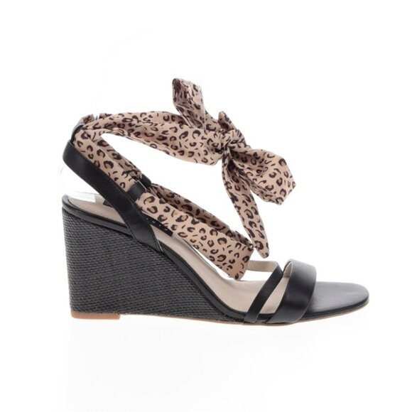 Sanctuary Whimsy 7M Black Leather Upper Wedge Sandals W/ Leopard Scarf Strap - Picture 3 of 11